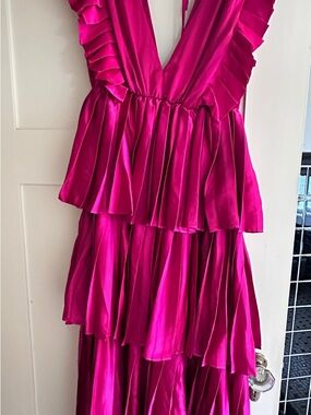 Magenta Pleated & Layered Ruffle Plunge V-Neck Dress